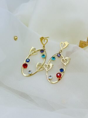 Multicolor Gem Heart & Bird Oval Drop Earrings – Playful Stainless Steel Elegance