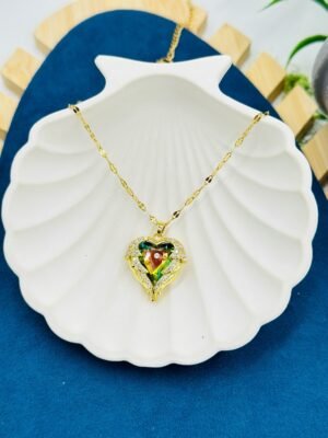 Gold Tone Plated Heart Pendant with Floral Crystal Detail Necklace