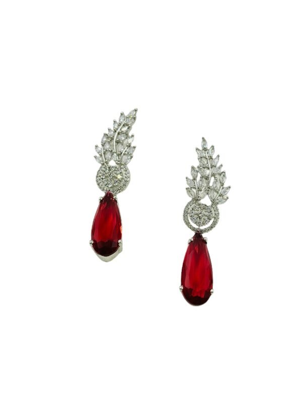 Red Teardrop Crystal Drop Earrings with Silver Leaf Design – Statement Wedding & Partywear