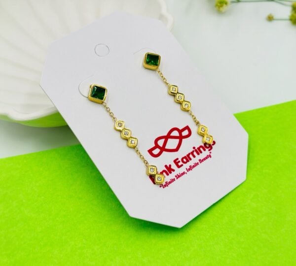 Emerald Green Geometric Dangle Earrings – Gold Tone Stainless Steel