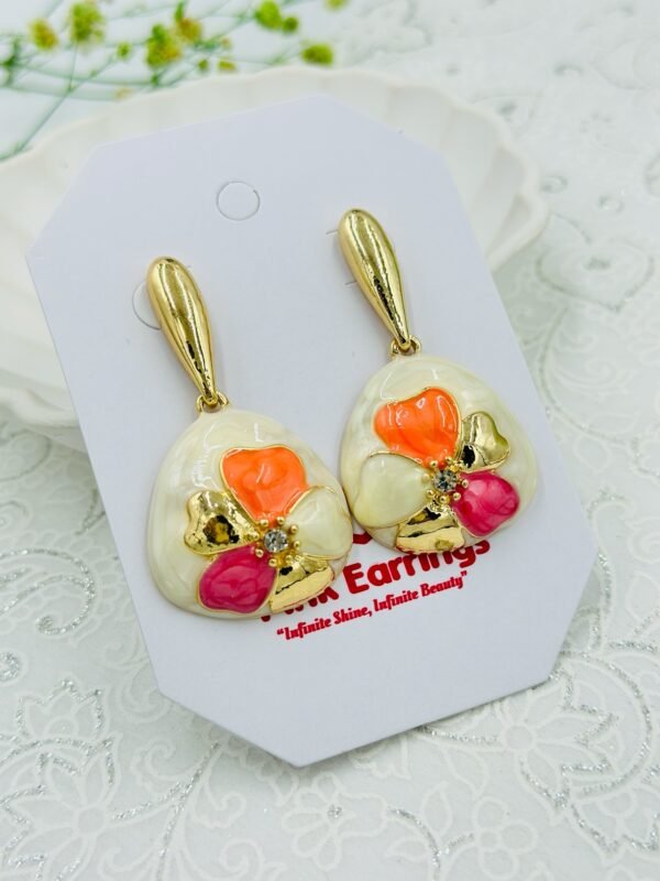 Hand-Painted Floral Drop Earrings – Multicolor Enamel on Gold-Plated Base