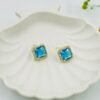 Ocean Glow Square Stud Earrings – Blue Stone with Crystal Halo - 18K Gold-Tone Polish (Statement)