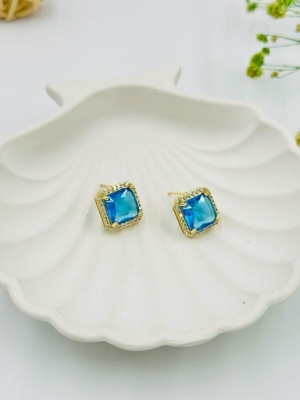 Ocean Glow Square Stud Earrings – Blue Stone with Crystal Halo - 18K Gold-Tone Polish (Statement)