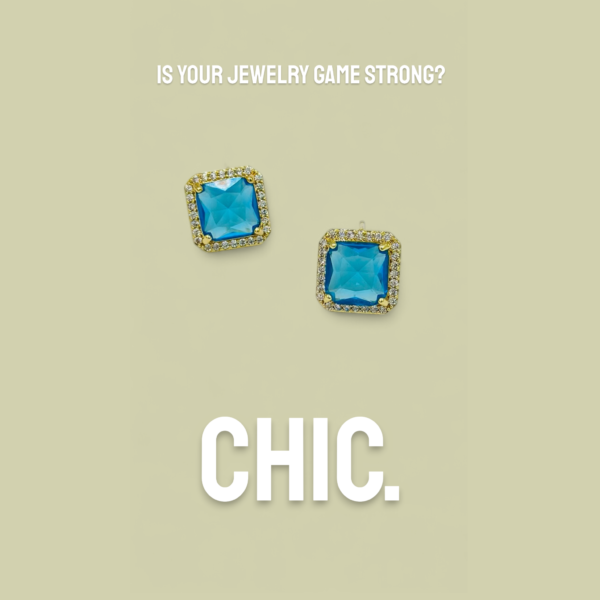 Ocean Glow Square Stud Earrings – Blue Stone with Crystal Halo - 18K Gold-Tone Polish (Statement)