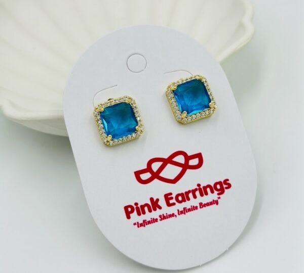 Ocean Glow Square Stud Earrings – Blue Stone with Crystal Halo - 18K Gold-Tone Polish (Statement)