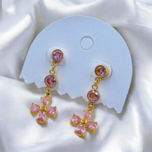 Pink Floral Drop Earrings – Gold-Plated Stainless Steel with Crystal Accents