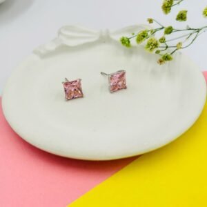 Pink Princess Cut 9mm Stud Earrings | Silver Finish | Anti-Tarnish Stainless Steel Premium