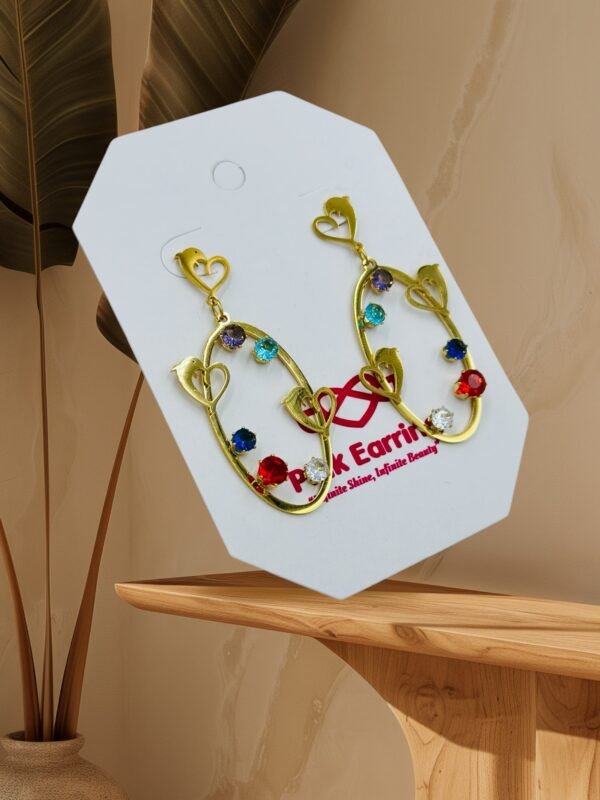 Multicolor Gem Heart & Bird Oval Drop Earrings – Playful Stainless Steel Elegance