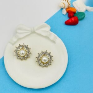 Radiant Bloom Pearl Studs – Crystal-Encrusted Floral Frame with Pearl Center