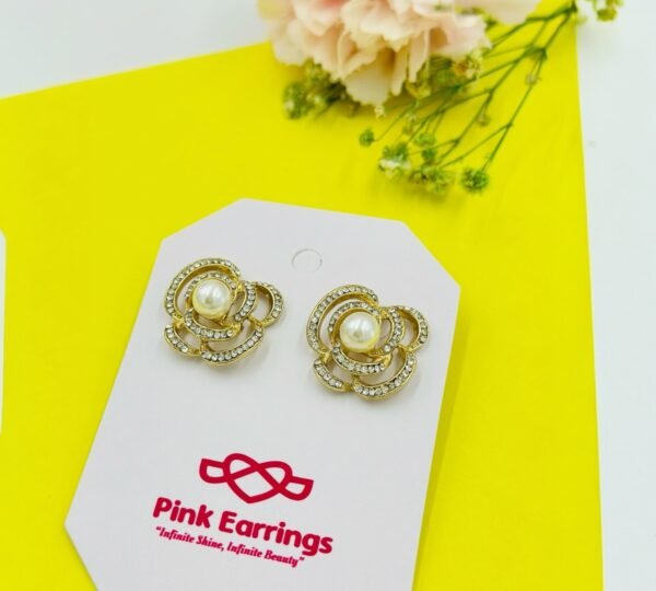 Radiant Bloom Pearl Studs – Crystal-Encrusted Floral Frame with Pearl Center