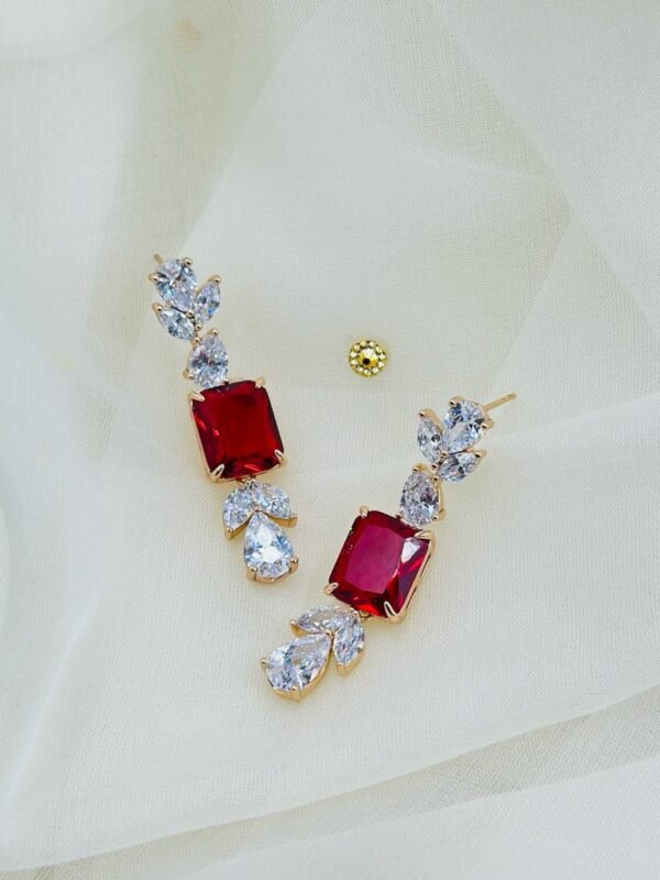 Radiant Red Cushion-Cut Drop Earrings with Sparkling White CZ – 14K Gold Finish