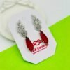 Red Teardrop Crystal Drop Earrings with Silver Leaf Design – Statement Wedding & Partywear