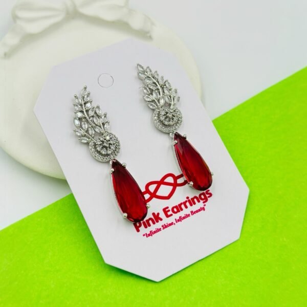 Red Teardrop Crystal Drop Earrings with Silver Leaf Design – Statement Wedding & Partywear