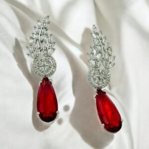 Red Teardrop Crystal Drop Earrings with Silver Leaf Design – Statement Wedding & Partywear