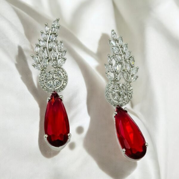 Red Teardrop Crystal Drop Earrings with Silver Leaf Design – Statement Wedding & Partywear