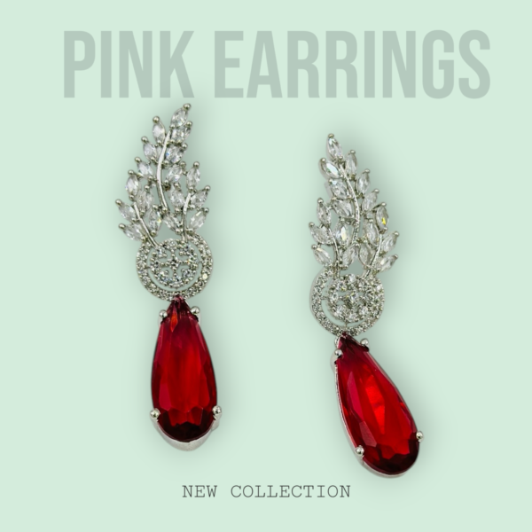 Red Teardrop Crystal Drop Earrings with Silver Leaf Design – Statement Wedding & Partywear