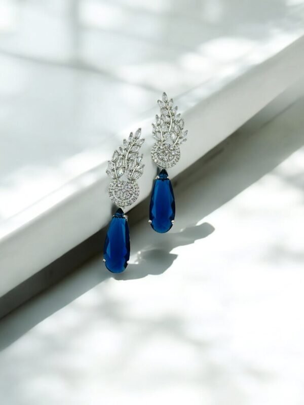 Regal Sapphire Drop Earrings – Silver Crystal Leaf Design with Deep Blue Gemstone (Statement)