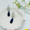 Regal Sapphire Drop Earrings – Silver Crystal Leaf Design with Deep Blue Gemstone (Statement)