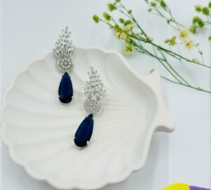 Regal Sapphire Drop Earrings – Silver Crystal Leaf Design with Deep Blue Gemstone (Statement)