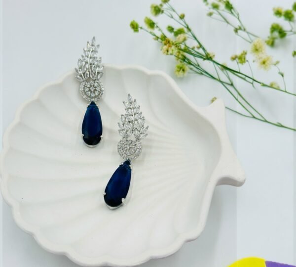 Regal Sapphire Drop Earrings – Silver Crystal Leaf Design with Deep Blue Gemstone (Statement)