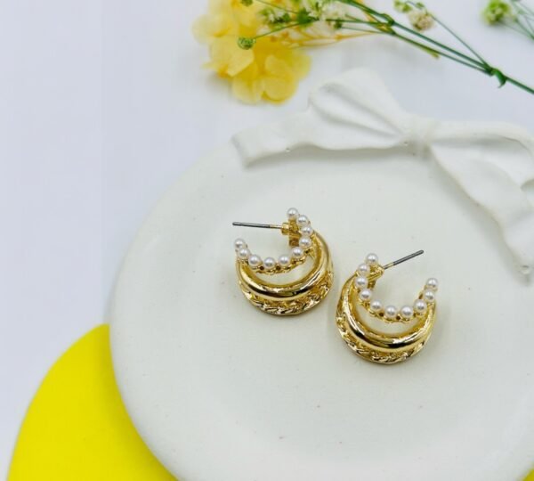 Regal Twist Pearl Hoops – Layered Gold Mini Hoops with Pearl & Rope Detailing