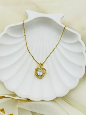 Golden Heart CZ Diamond Pendant Necklace – Stainless Steel