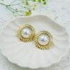 Hammered Gold Round Pearl Stud Earrings – Stainless Steel