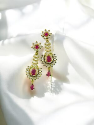 Royal Ruby Designer Long Drop Earrings – Gold Plated & CZ Embellished