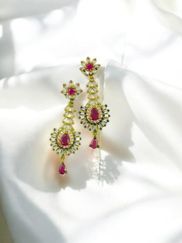 Royal Ruby Designer Long Drop Earrings – Gold Plated & CZ Embellished