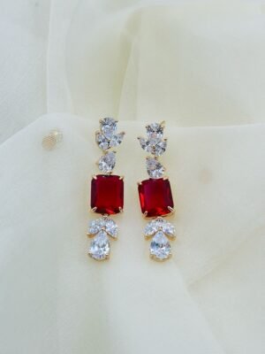Radiant Red Cushion-Cut Drop Earrings with Sparkling White CZ – 14K Gold Finish
