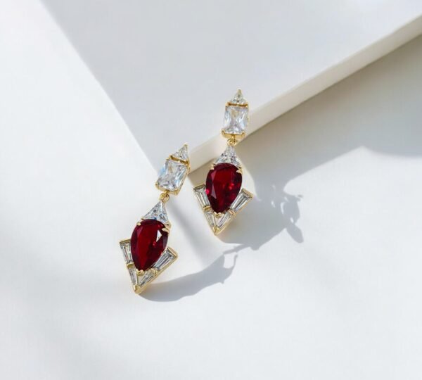 Ruby Radiance Art Deco Earrings – Geometric Drop in 18K Gold-Tone Finish (Premium Statement)