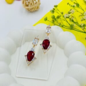 Ruby Radiance Art Deco Earrings – Geometric Drop in 18K Gold-Tone Finish (Premium Statement)