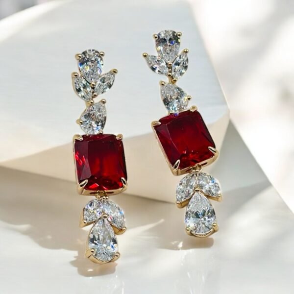 Radiant Red Cushion-Cut Drop Earrings with Sparkling White CZ – 14K Gold Finish