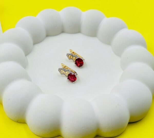 Scarlet Spark Red Stone with Zig-Zag Crystal Accent- Ear Bali - 18k Gold Tone Polish (Statement)