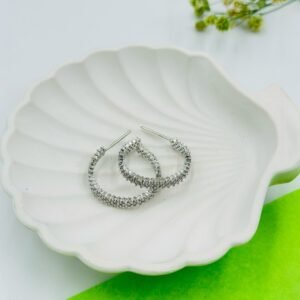 Silver-Plated Crystal Hoop Earrings – Classic Round with Double Row Stones