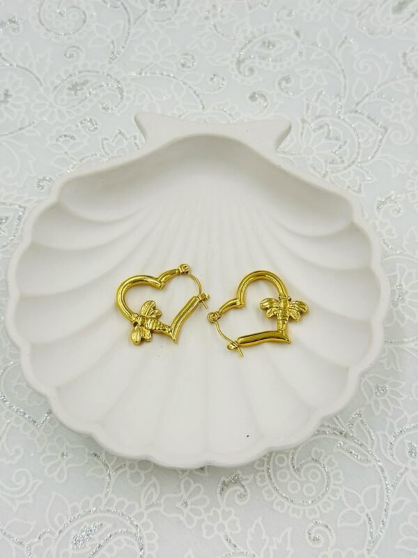 Gold Heart Hoop Earrings with Bee Charm – Stainless Steel