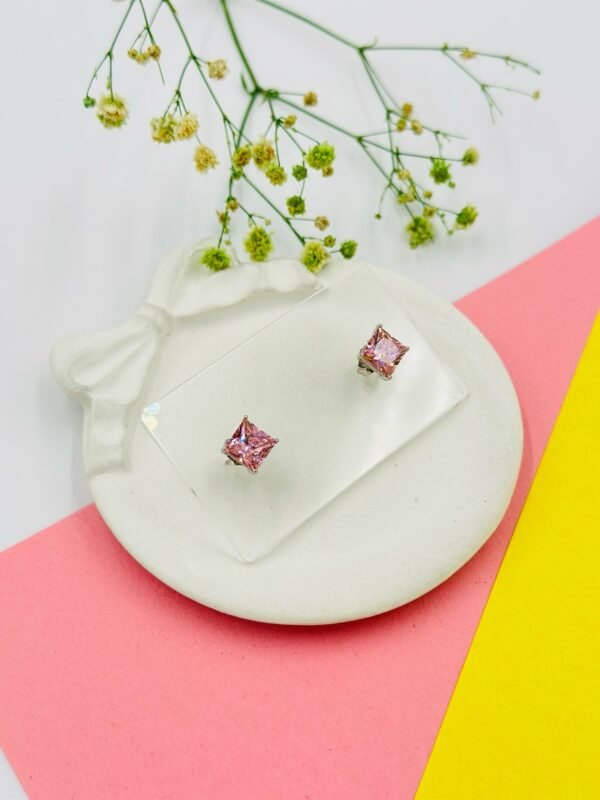 Pink Princess Cut 9mm Stud Earrings | Silver Finish | Anti-Tarnish Stainless Steel Premium