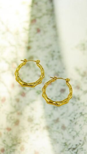 Bamboo Textured Gold Hoop Earrings – Lightweight Stainless Steel