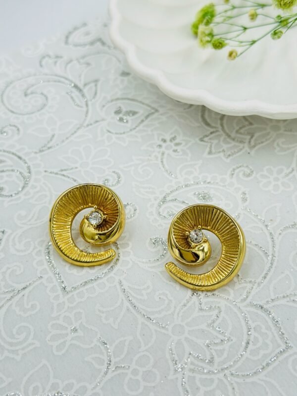 Golden Spiral Stud Earrings with Crystal Stone – Stainless Steel
