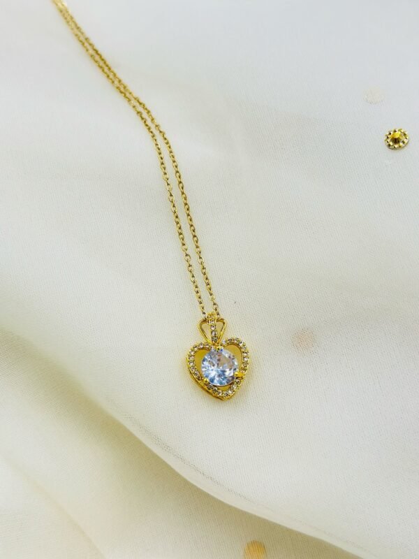 Golden Heart CZ Diamond Pendant Necklace – Stainless Steel