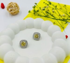 Sunbeam Sparkle Stud Earrings – Yellow Cushion Crystal with Double Halo