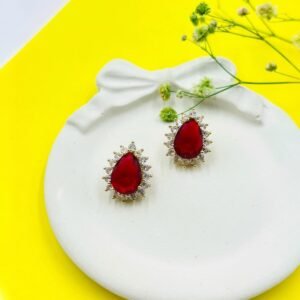 Vintage-Inspired Royal Red Teardrop Earrings – Statement Studs Gold Tone