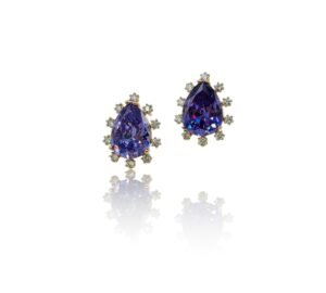 Violet Radiance Pear Stud Earrings – Purple Crystal with Diamond Halo 18K Golden-Tone (Statement)