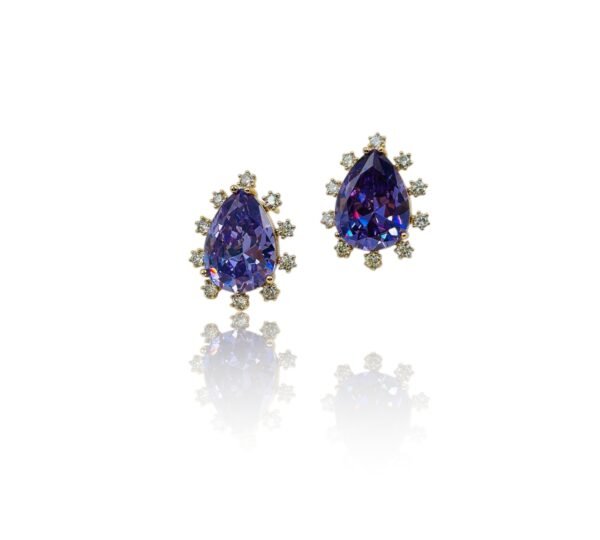 Violet Radiance Pear Stud Earrings – Purple Crystal with Diamond Halo 18K Golden-Tone (Statement)