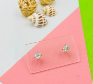 White Princess Cut Stud Earrings | Gold Polish | 6mm Square | Anti-Tarnish Stainless Steel