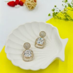 White Radiance Duo Stud-Drop Earrings – Cushion Crystal with Pavé Circle Top 18K Golden-Tone (Statement)