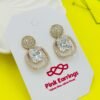 White Radiance Duo Stud-Drop Earrings – Cushion Crystal with Pavé Circle Top 18K Golden-Tone (Statement)