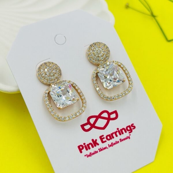 White Radiance Duo Stud-Drop Earrings – Cushion Crystal with Pavé Circle Top 18K Golden-Tone (Statement)